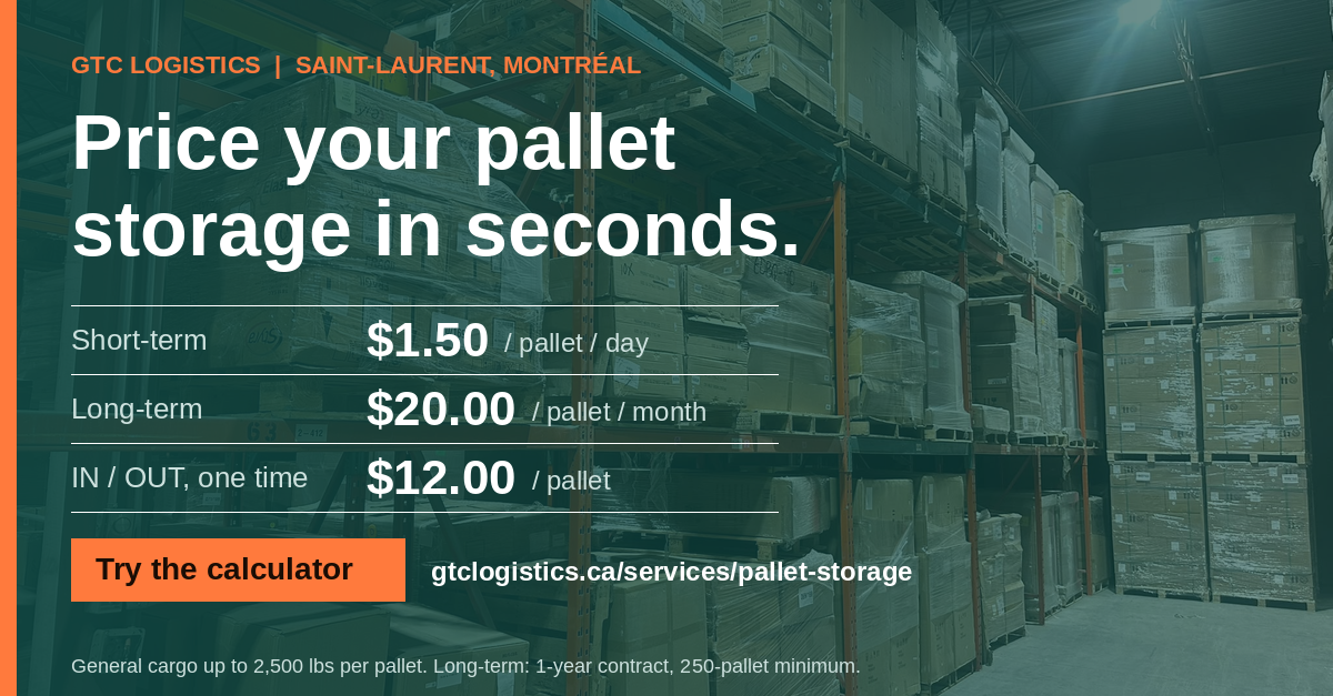 An image showing industrial warehouse racking filled with wrapped, labeled pallets at the GTC Logistics facility in Saint-Laurent, Montréal